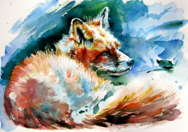 Painting titled "Red fox resting" by Anna Brigitta Kovacs (KAB), Original Artwork, Watercolor