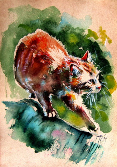 Картина под названием "Hunting cat" - Anna Brigitta Kovacs (KAB), Подлинное произведение искусства, Акварель