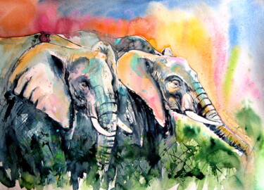 Картина под названием "Elephant together" - Anna Brigitta Kovacs (KAB), Подлинное произведение искусства, Акварель