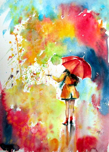 Peinture intitulée "Colorful rain with…" par Anna Brigitta Kovacs (KAB), Œuvre d'art originale, Aquarelle