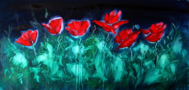 Schilderij getiteld "Red poppies at night" door Anna Brigitta Kovacs (KAB), Origineel Kunstwerk, Olie