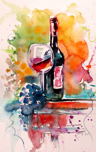 Ζωγραφική με τίτλο "Wine and grapes" από Anna Brigitta Kovacs (KAB), Αυθεντικά έργα τέχνης, Ακουαρέλα