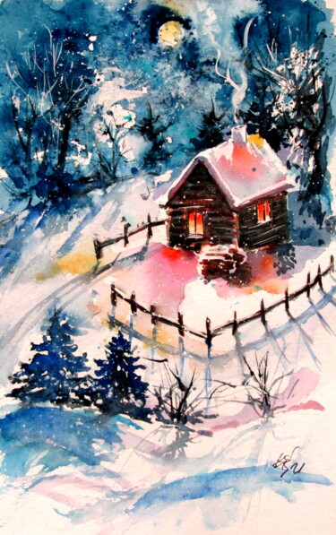 Ζωγραφική με τίτλο "Winter night the de…" από Anna Brigitta Kovacs (KAB), Αυθεντικά έργα τέχνης, Ακουαρέλα