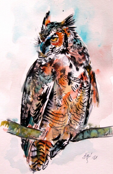 Ζωγραφική με τίτλο "Great horned owl" από Anna Brigitta Kovacs (KAB), Αυθεντικά έργα τέχνης, Ακουαρέλα