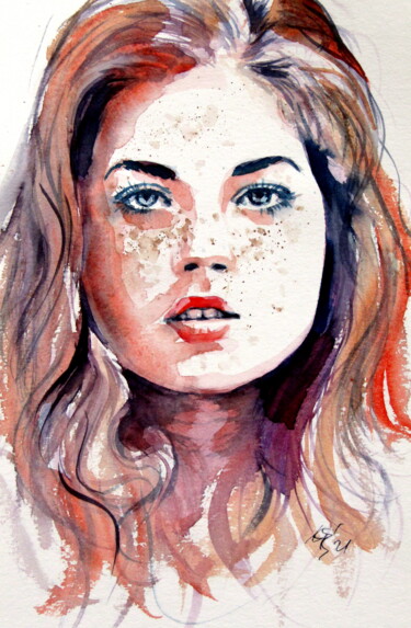 「Beauty freckled girl」というタイトルの絵画 Anna Brigitta Kovacs (KAB)によって, オリジナルのアートワーク, 水彩画