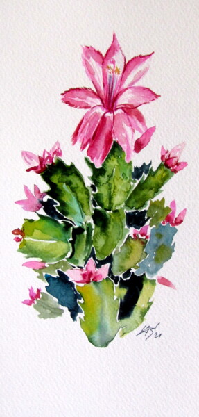 Painting titled "Christmas cactus" by Anna Brigitta Kovacs (KAB), Original Artwork, Watercolor