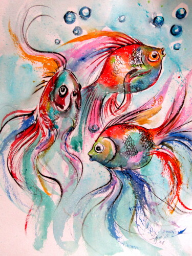 Malerei mit dem Titel "Colorful fish" von Anna Brigitta Kovacs (KAB), Original-Kunstwerk, Aquarell