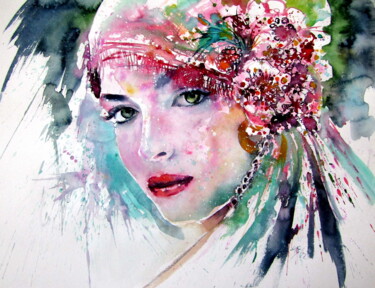 Painting titled "Beauty with flowers…" by Anna Brigitta Kovacs (KAB), Original Artwork, Watercolor