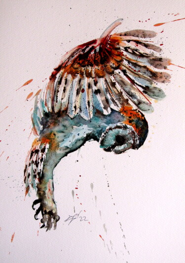 Картина под названием "Flying barn owl" - Anna Brigitta Kovacs (KAB), Подлинное произведение искусства, Акварель