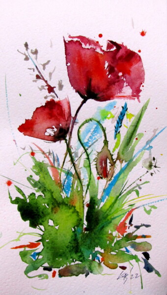 Картина под названием "Sweet poppies III" - Anna Brigitta Kovacs (KAB), Подлинное произведение искусства, Акварель