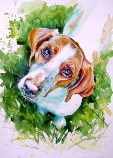 Schilderij getiteld "Cute dog" door Anna Brigitta Kovacs (KAB), Origineel Kunstwerk, Aquarel