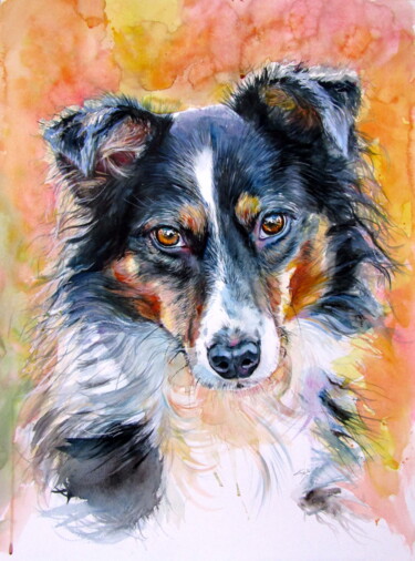 Schilderij getiteld "Cute dog II" door Anna Brigitta Kovacs (KAB), Origineel Kunstwerk, Aquarel