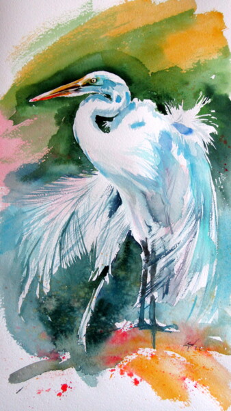 Peinture intitulée "White heron" par Anna Brigitta Kovacs (KAB), Œuvre d'art originale, Aquarelle