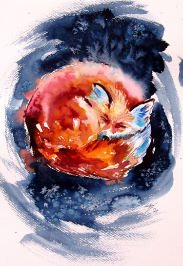 제목이 "Sleeping red fox"인 미술작품 Anna Brigitta Kovacs (KAB)로, 원작, 수채화