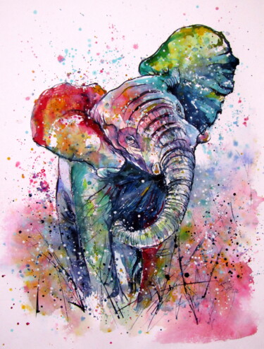 Painting titled "Playful elephant" by Anna Brigitta Kovacs (KAB), Original Artwork, Watercolor