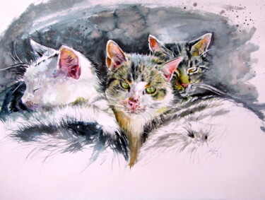 Painting titled "Our cats" by Anna Brigitta Kovacs (KAB), Original Artwork, Watercolor