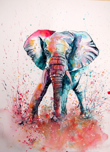 Painting titled "Playful elephant II" by Anna Brigitta Kovacs (KAB), Original Artwork, Watercolor