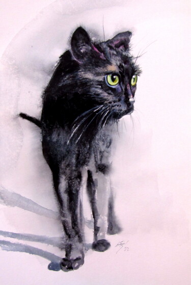 Painting titled "Black cat" by Anna Brigitta Kovacs (KAB), Original Artwork, Watercolor