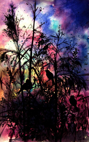 Painting titled "Birds at night" by Anna Brigitta Kovacs (KAB), Original Artwork, Watercolor