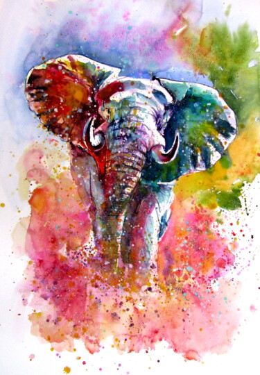 Painting titled "Playful elephant III" by Anna Brigitta Kovacs (KAB), Original Artwork, Watercolor