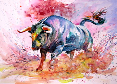 Schilderij getiteld "Running bull II" door Anna Brigitta Kovacs (KAB), Origineel Kunstwerk, Aquarel