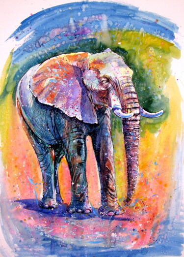 Картина под названием "Elephant by the wat…" - Anna Brigitta Kovacs (KAB), Подлинное произведение искусства, Акварель