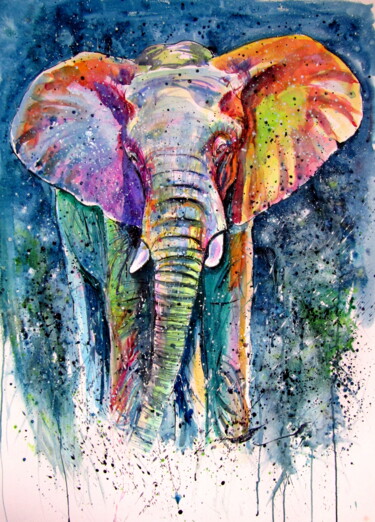 Painting titled "Elephant on meadow" by Anna Brigitta Kovacs (KAB), Original Artwork, Watercolor