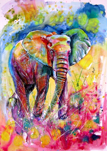 Peinture intitulée "Elephant on the mea…" par Anna Brigitta Kovacs (KAB), Œuvre d'art originale, Aquarelle