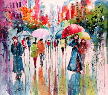 Painting titled "Umbrellas" by Anna Brigitta Kovacs (KAB), Original Artwork, Watercolor