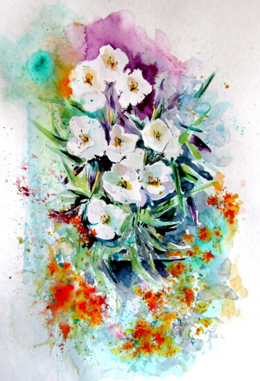 Peinture intitulée "White florals" par Anna Brigitta Kovacs (KAB), Œuvre d'art originale, Aquarelle