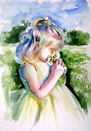 Painting titled "Girl with white flo…" by Anna Brigitta Kovacs (KAB), Original Artwork, Watercolor