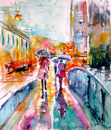 Schilderij getiteld "Rain in the city" door Anna Brigitta Kovacs (KAB), Origineel Kunstwerk, Aquarel