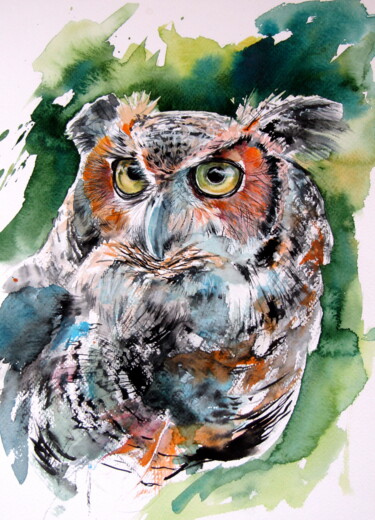 Painting titled "Owl watching" by Anna Brigitta Kovacs (KAB), Original Artwork, Watercolor