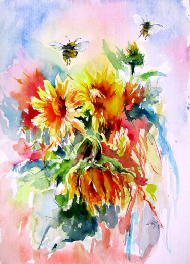 Painting titled "Sunflowers with bees" by Anna Brigitta Kovacs (KAB), Original Artwork, Watercolor