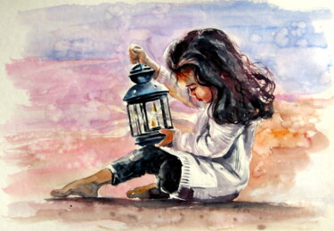 Painting titled "Girl with lamp" by Anna Brigitta Kovacs (KAB), Original Artwork, Watercolor