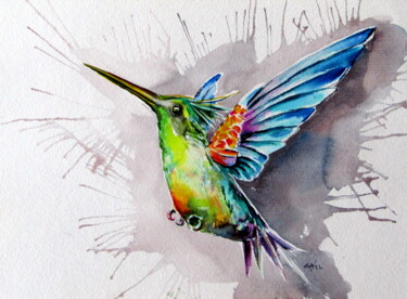 Картина под названием "Hummingbird" - Anna Brigitta Kovacs (KAB), Подлинное произведение искусства, Акварель