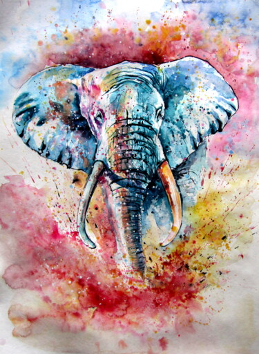 Painting titled "Playful elephant IV" by Anna Brigitta Kovacs (KAB), Original Artwork, Watercolor