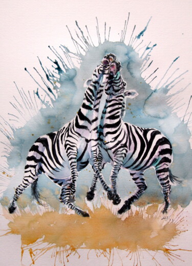 Painting titled "Playing zebras" by Anna Brigitta Kovacs (KAB), Original Artwork, Watercolor