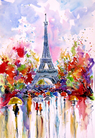 Peinture intitulée "Eiffel tower" par Anna Brigitta Kovacs (KAB), Œuvre d'art originale, Aquarelle