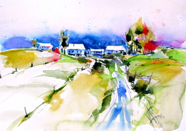 Schilderij getiteld "Farm after rain" door Anna Brigitta Kovacs (KAB), Origineel Kunstwerk, Aquarel