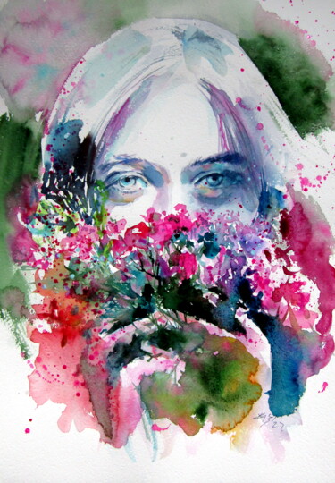 "Beauty girl with fl…" başlıklı Tablo Anna Brigitta Kovacs (KAB) tarafından, Orijinal sanat, Suluboya
