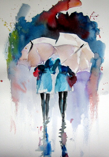 Schilderij getiteld "Girlfriends under u…" door Anna Brigitta Kovacs (KAB), Origineel Kunstwerk, Aquarel