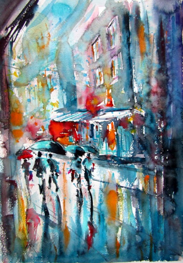Картина под названием "Rainy day in the ci…" - Anna Brigitta Kovacs (KAB), Подлинное произведение искусства, Акварель
