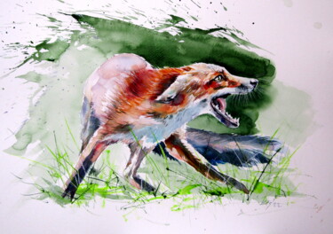 Malerei mit dem Titel "Red fox II" von Anna Brigitta Kovacs (KAB), Original-Kunstwerk, Aquarell