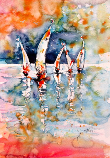 Painting titled "Sailboats with birds" by Anna Brigitta Kovacs (KAB), Original Artwork, Watercolor