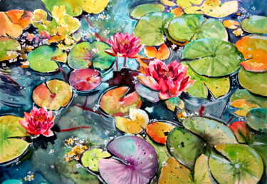Painting titled "Water lilies" by Anna Brigitta Kovacs (KAB), Original Artwork, Watercolor