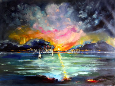 Schilderij getiteld "Port at sunrise" door Anna Brigitta Kovacs (KAB), Origineel Kunstwerk, Olie