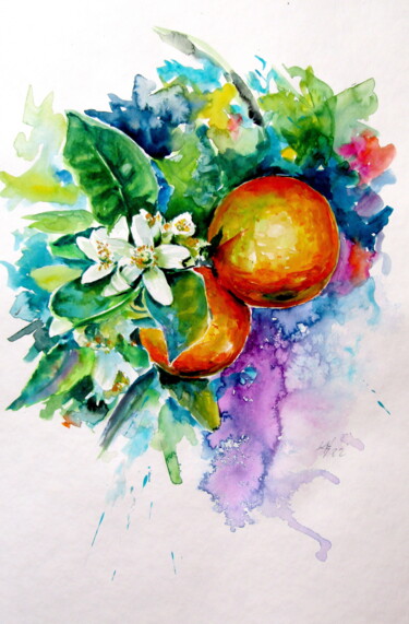 Картина под названием "Orange flowering br…" - Anna Brigitta Kovacs (KAB), Подлинное произведение искусства, Акварель
