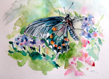 Картина под названием "Butterfly with flow…" - Anna Brigitta Kovacs (KAB), Подлинное произведение искусства, Акварель