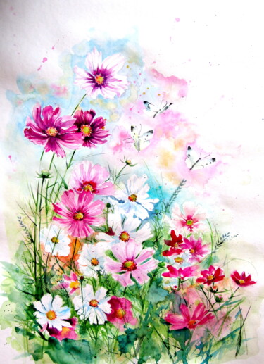 Peinture intitulée "Cosmos flowers with…" par Anna Brigitta Kovacs (KAB), Œuvre d'art originale, Aquarelle